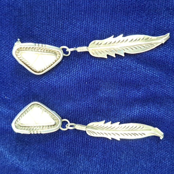 Hand Crafted Jewelry - Vintage Native American Mother of Pearl Sterling Silver Feather Earrings
